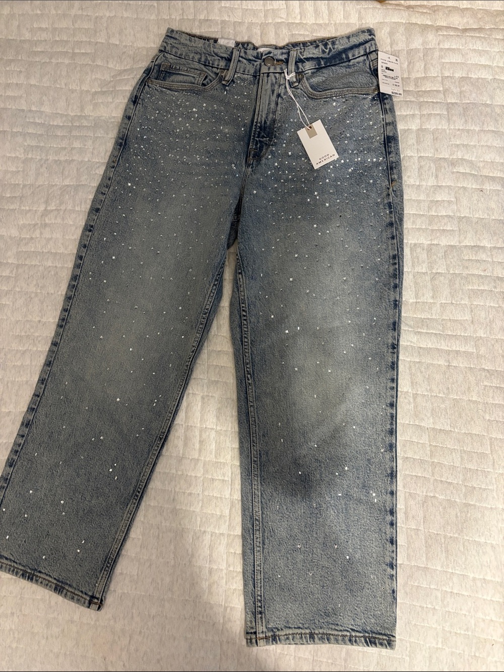 Good American Light Blue Rhinestone Boyfriend Jeans